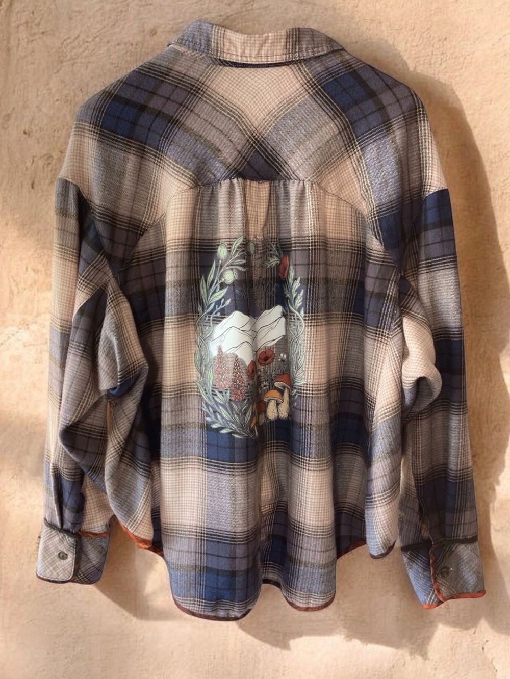 BDG Large Reworked Plaid Flannel Mountain Mushroom Graphic Boho